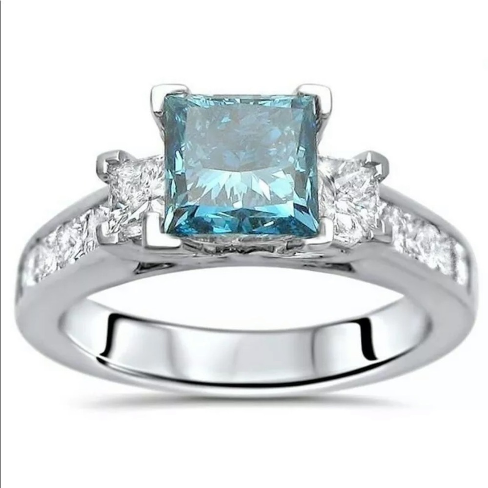 18K WHITE GOLD 2 1/2ct TDW Blue Princess-cut Diamond Bridal Set vermeil - Picture 5 of 10